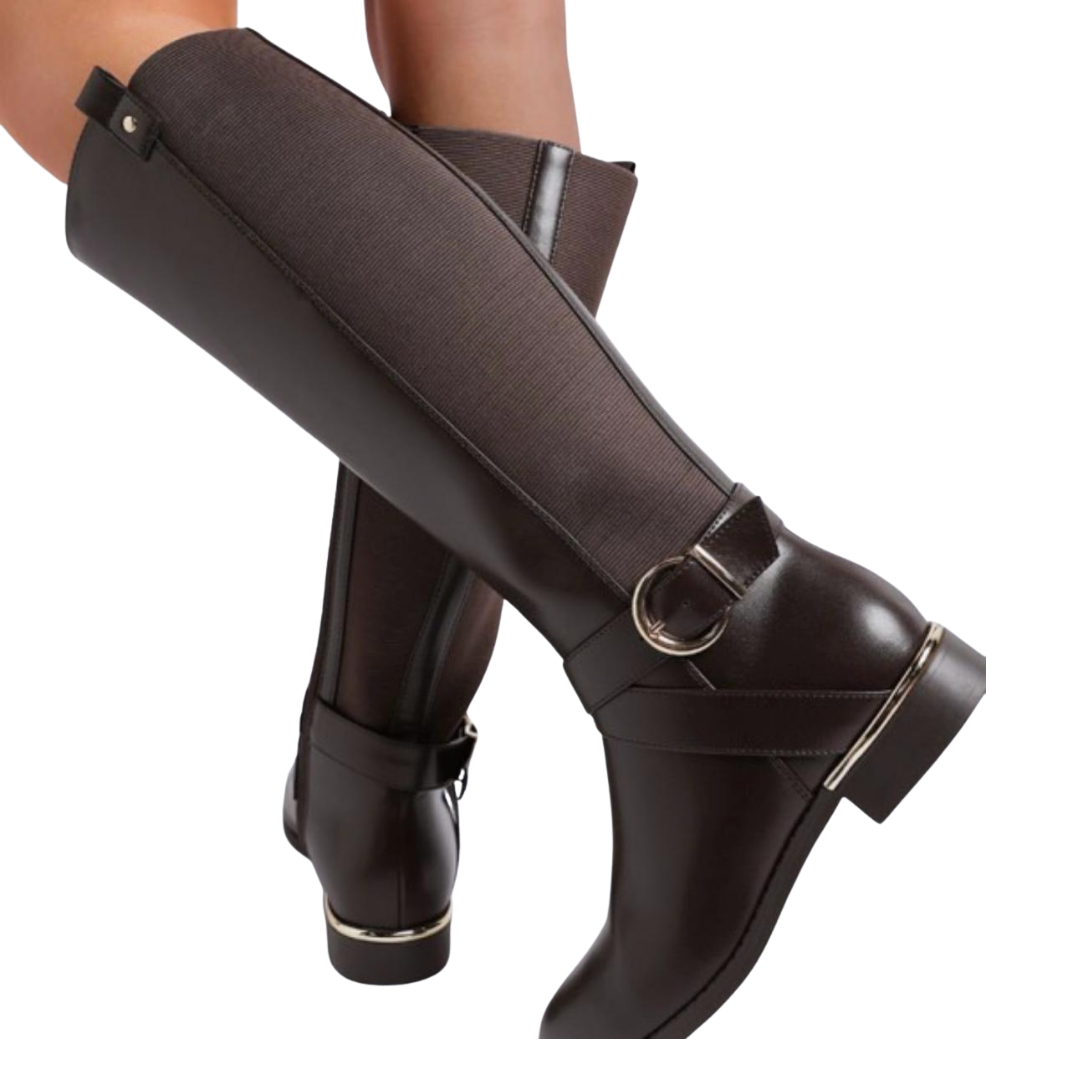 Classic Noir Buckle Knee-High Riding Boots Brown
