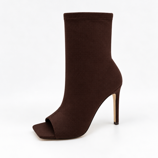 Chocolate Brown Peep-Toe Stiletto Ankle Boots