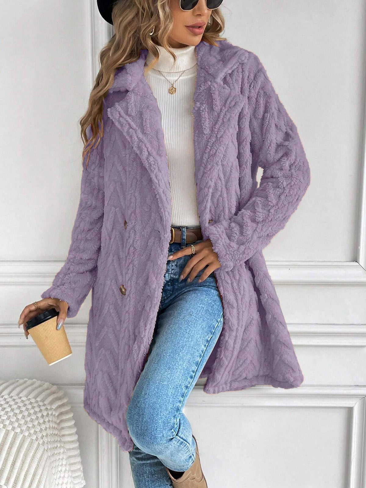 Houndstooth Pattern  Fleece Coat: Pink / S