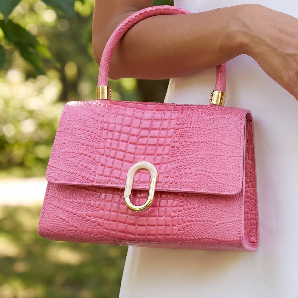 Croc Embossed Push Lock Flap Satchel: BK