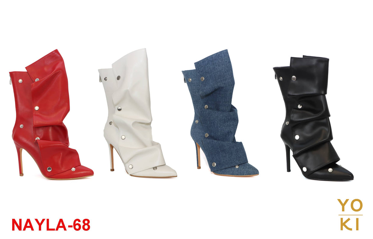 YOKI Women's Slouch Button Booties Heel Pointed Toe: Denim / B2 -  6(1)-6.5(1)-7(1)-7.5(1)-8(2)-8.5(2)-9(2)-10(2)