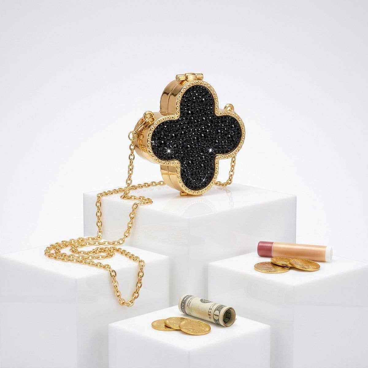 Mini Black Quatrefoil Sparkle Crossbody Compact: Black / Gold / 3.5 x 3.5 x 1.25 inches