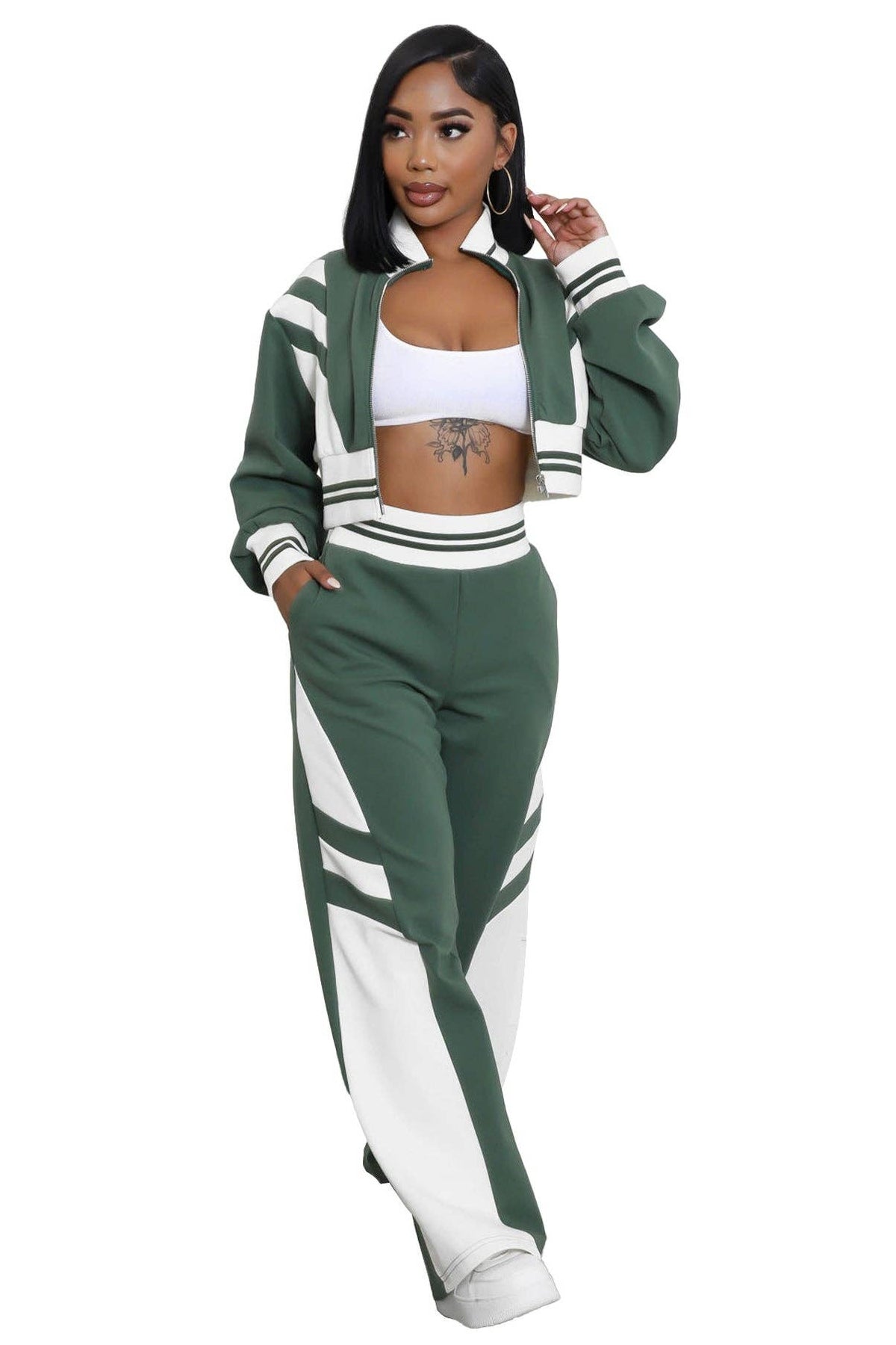 WOMEN FASHION CASUAL TWO PIECE PANT SET: Green / S