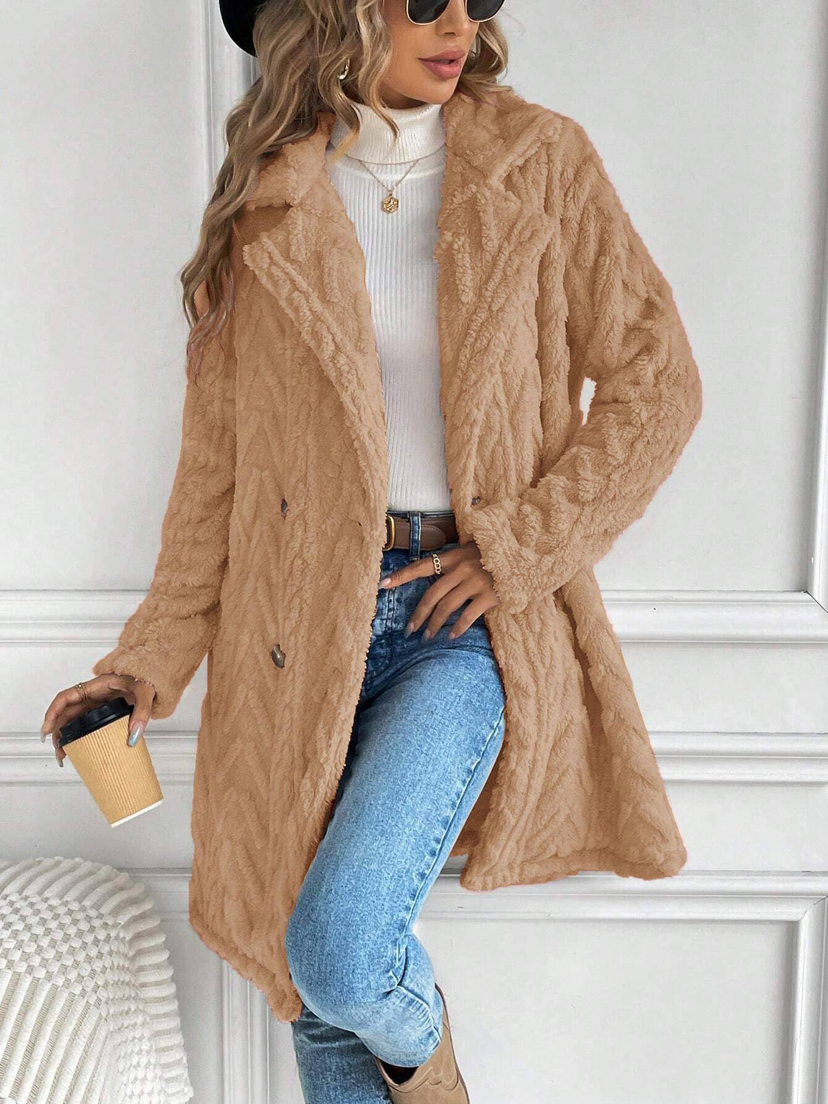 Houndstooth Pattern  Fleece Coat: Pink / S