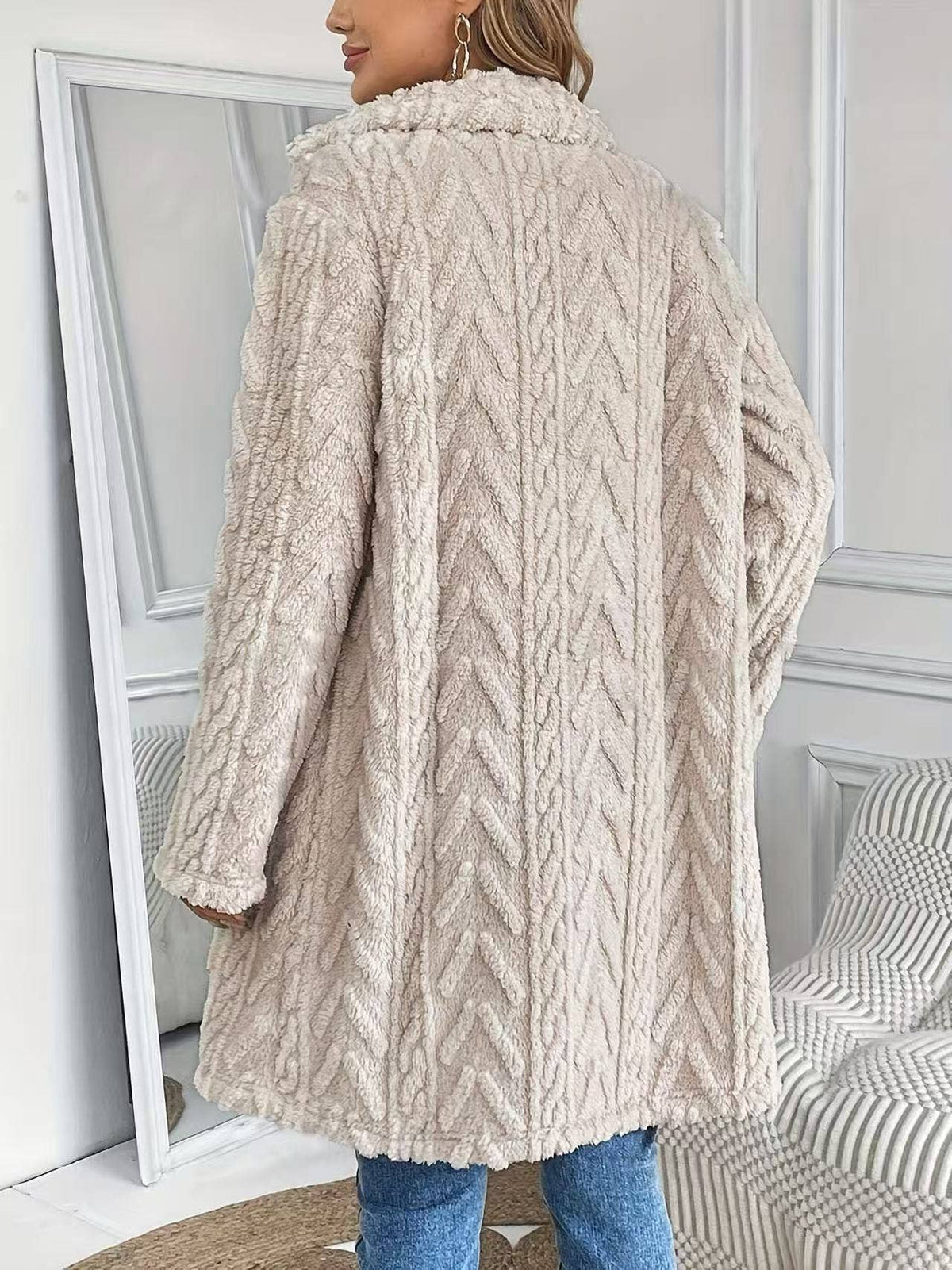 Houndstooth Pattern  Fleece Coat: Cream / XL