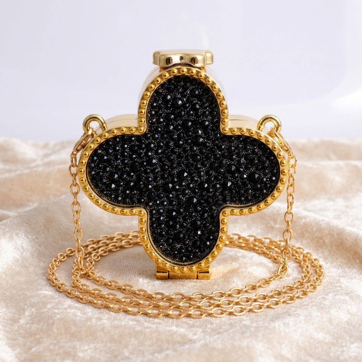 Mini Black Quatrefoil Sparkle Crossbody Compact: Black / Gold / 3.5 x 3.5 x 1.25 inches