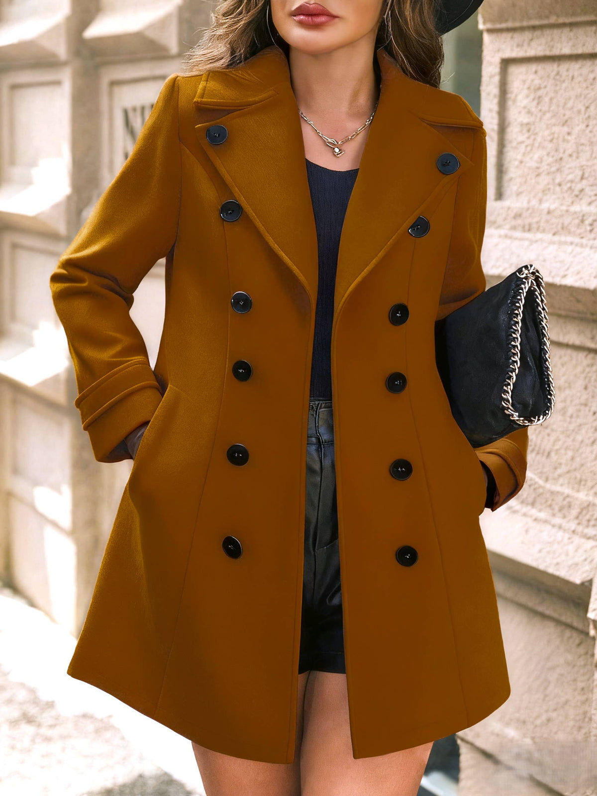 Elegant Lapel Mid-Length Fashion Coat: Apricot / XL