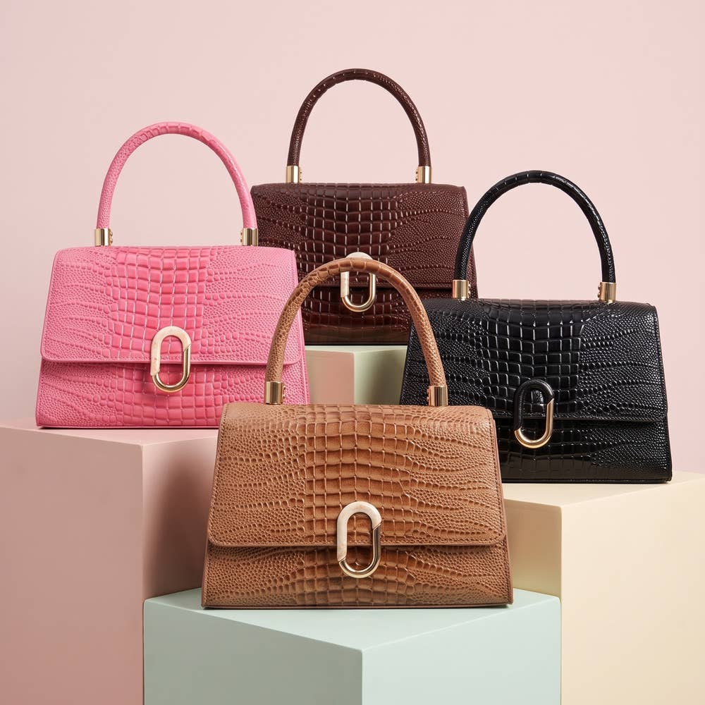 Croc Embossed Push Lock Flap Satchel: BK